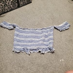 Blue striped off the shoulder crop